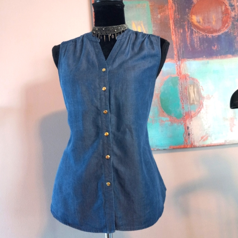 KAARI Blue Denim Sleeveless Butyon Down Top Size M